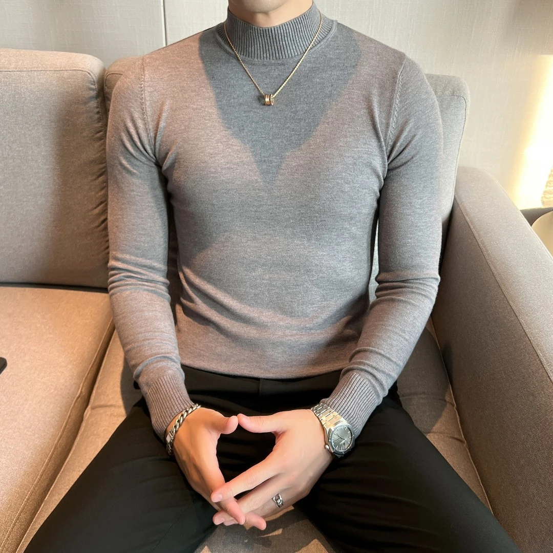 春秋纯色薄款中领打底针织衫男韩版修身套头毛衣内搭线衫男士上衣