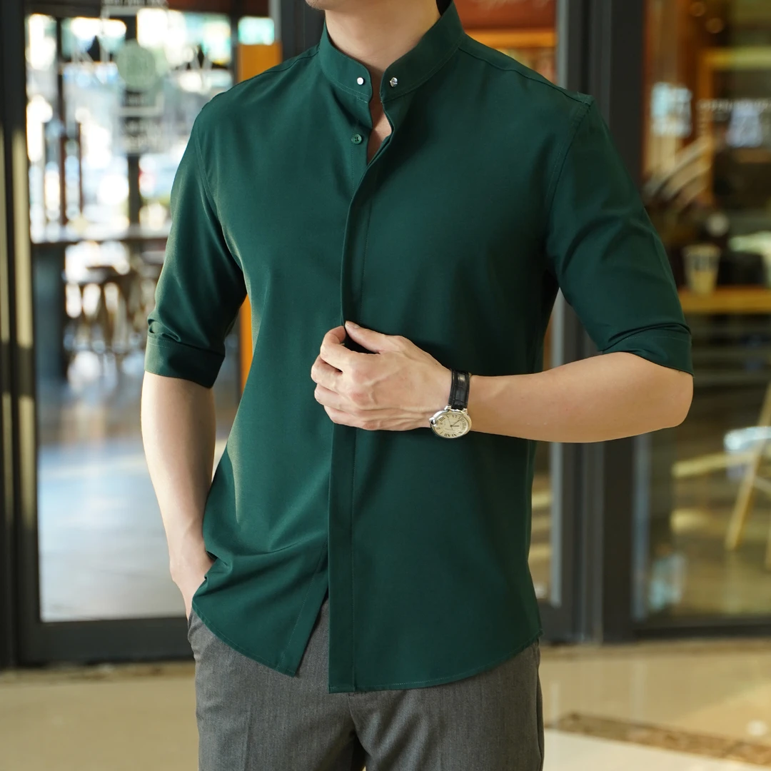 男士新款立领衬衫男短袖新款黑色半袖透气免烫新中式国风中袖衬衣