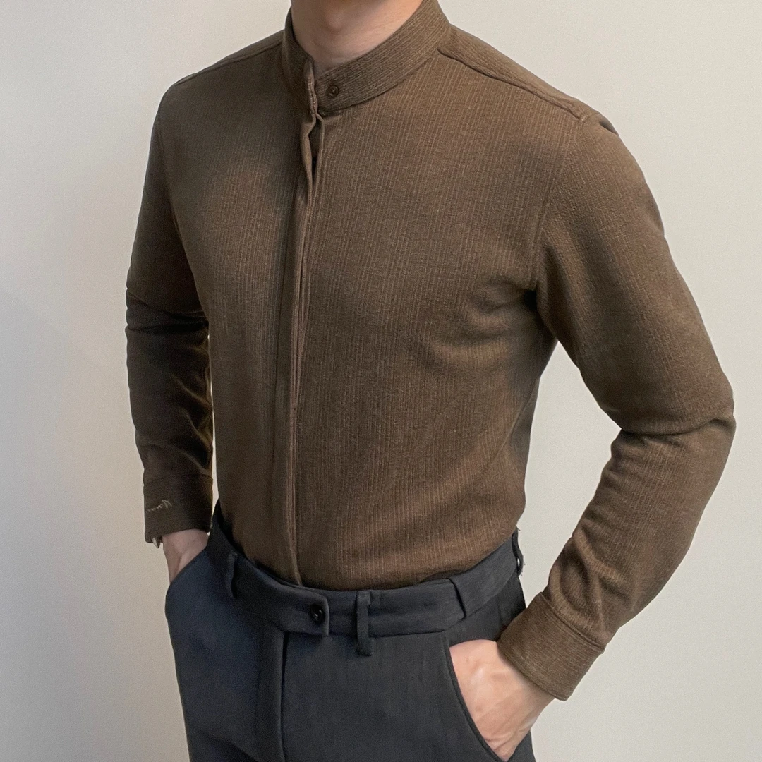 高级感冬季保暖毛呢立领衬衫男长袖休闲修身暗门襟衬衣男青年