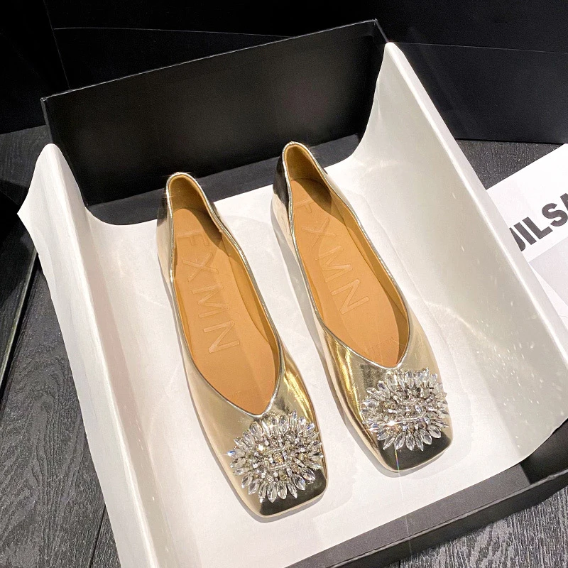 【手工鞋】二女鞋浅口方头平底低跟单鞋韩版春秋新款浅口平底瓢鞋子