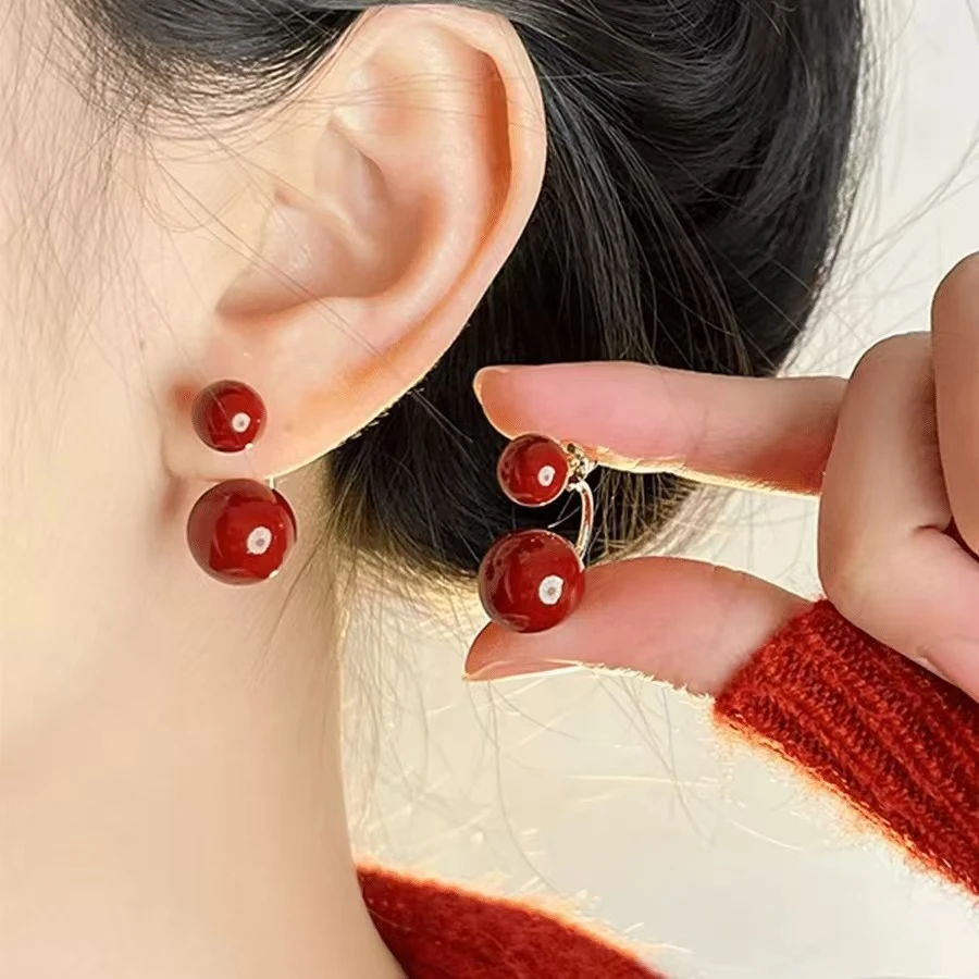 铜合金耳饰 复古红色几何耳钉时尚小众简约百搭轻奢百搭耳环1065