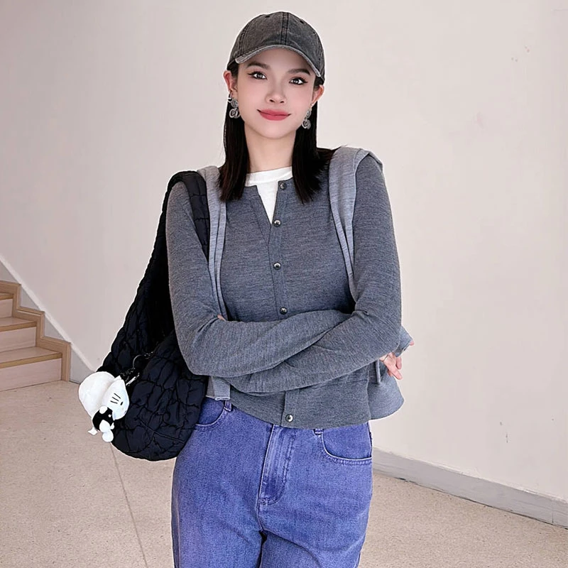 【商场同款】圆领假两件毛衣撞色拼接领口套头针织衫上衣女5399790