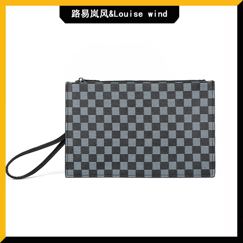 路易岚风2024男士百搭潮流手拿包手机包手拎包大容量包时尚格子