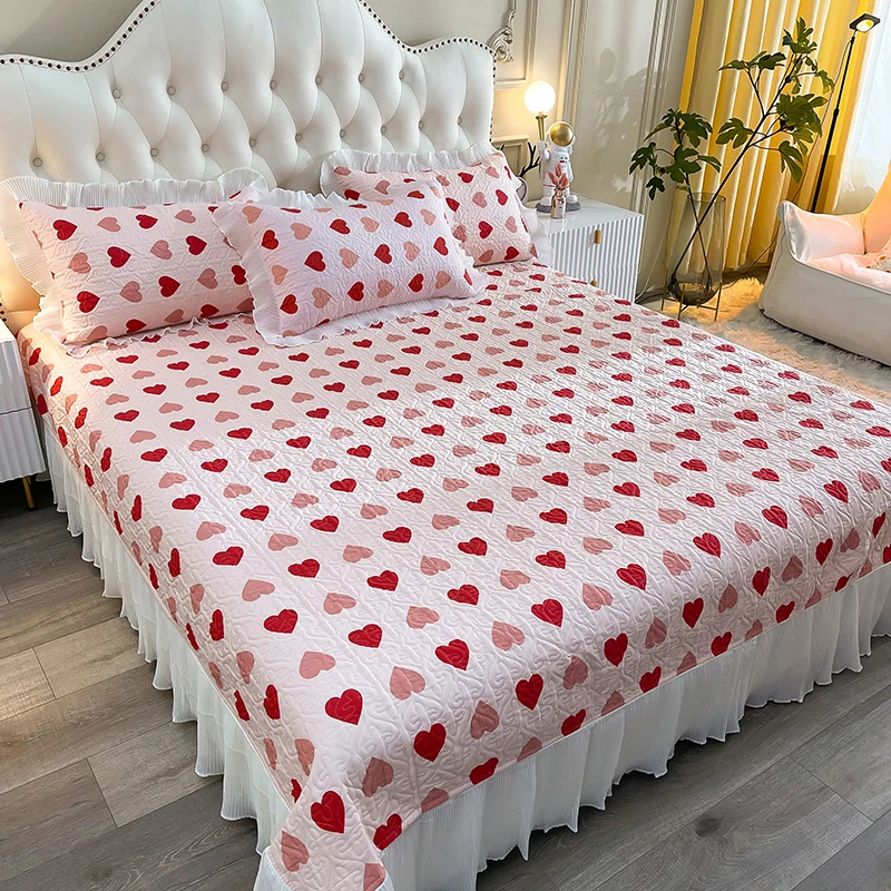 公主风全棉床盖三件套纯棉绗缝夹棉防滑纯棉床单四件套四季通用