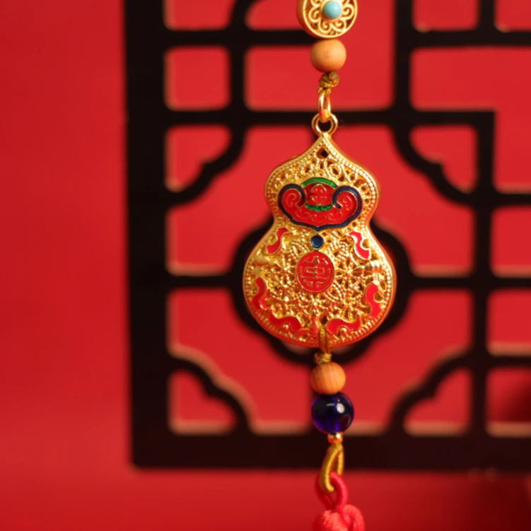 步铜寻常 手工錾刻铜雕画-珐琅铜葫芦挂坠