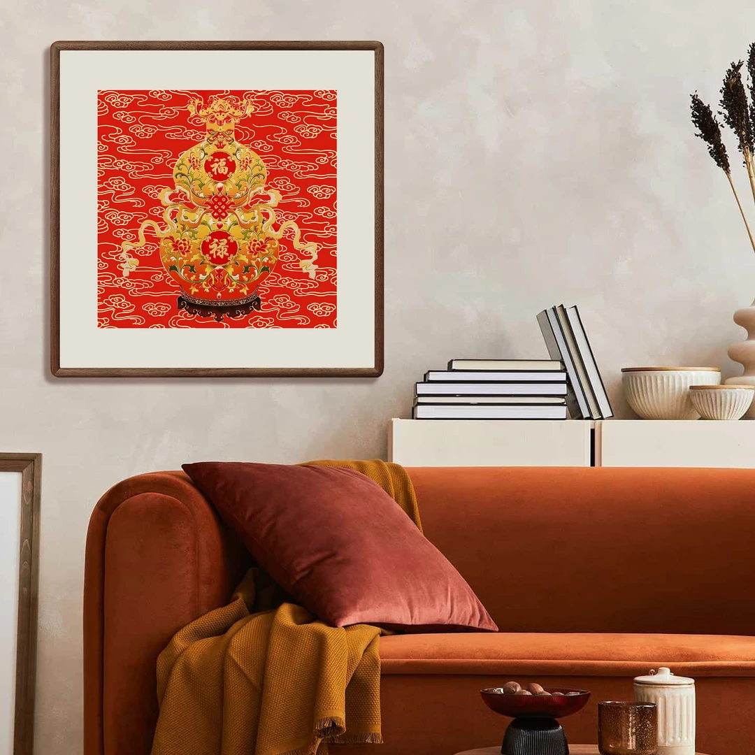 步铜寻常《大吉福禄》40*40錾刻工艺铜雕新中式玄关正对门葫芦挂画