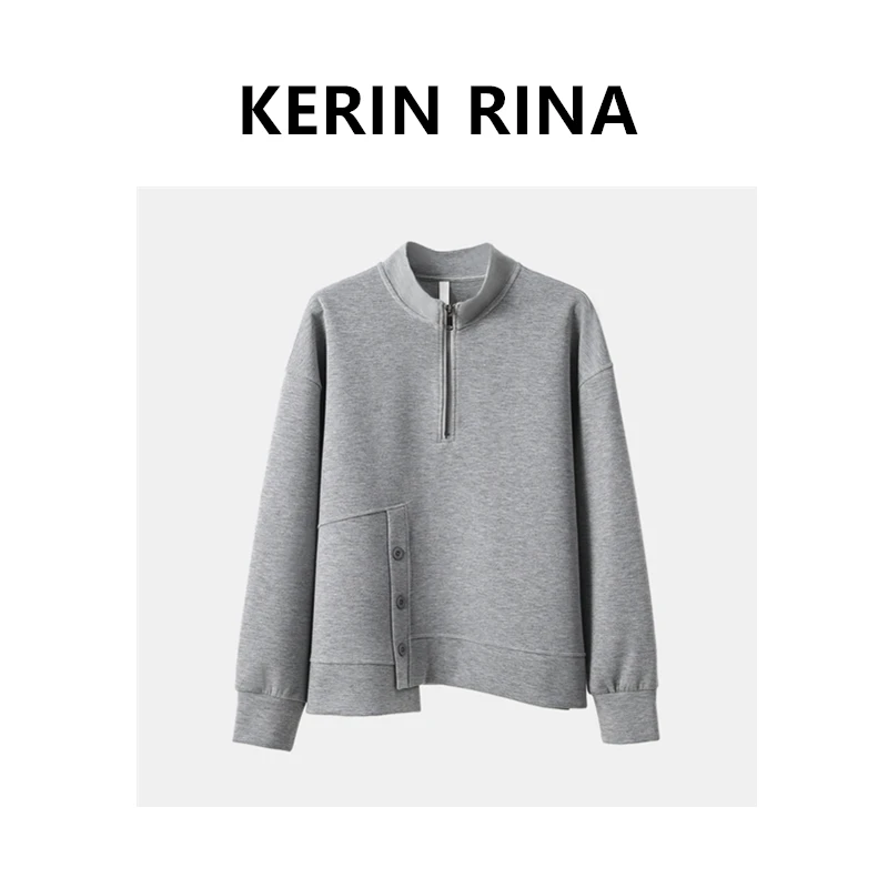 (KERIN RINA)--新品女空气棉立领不规则3粒扣卫衣