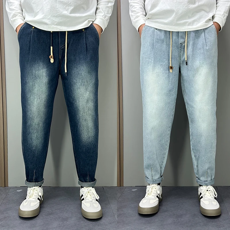 美式宽松小直角牛仔裤男士冬季加绒韩版宽松哈伦裤百搭休闲裤男款