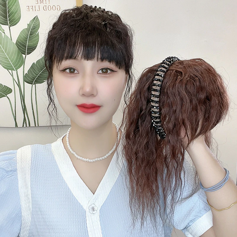 发箍刘海假发片真发一体式遮盖头顶白发水钻发箍假发圈无痕抓夹女