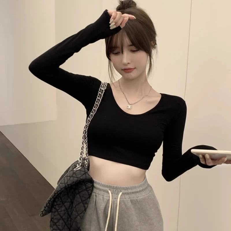 美式高腰长袖T恤女春秋薄款V领显胸紧身甜辣短款小上衣内搭打底衫