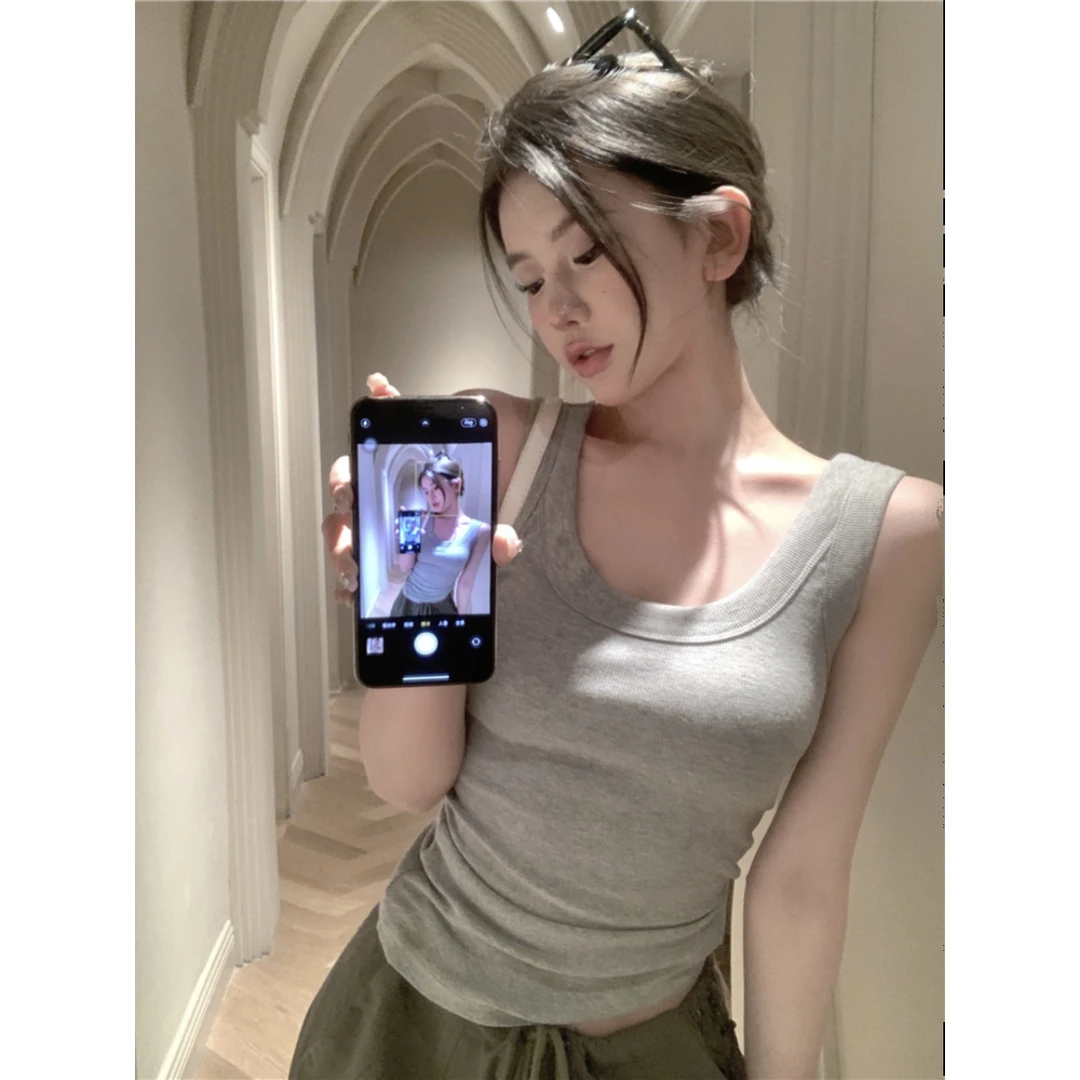宽肩带遮副乳U领修身辣妹吊带背心女夏纯欲百搭灰色工字无袖上衣