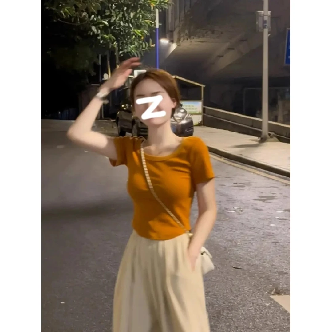 韩系正肩方领短袖女夏季洋气修身显瘦百搭t恤气质短款上衣ins潮
