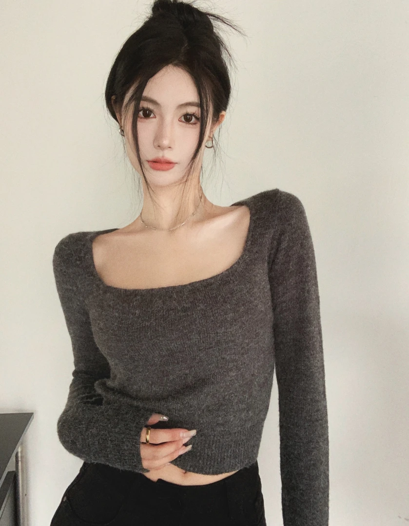 高级感修身百搭短款内搭毛衣上衣春显瘦方领长袖针织打底衫女秋冬