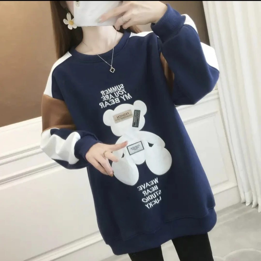 春季薄款圆领撞色拼接刺绣卫衣女韩版微胖显瘦宽松百搭中长款上衣