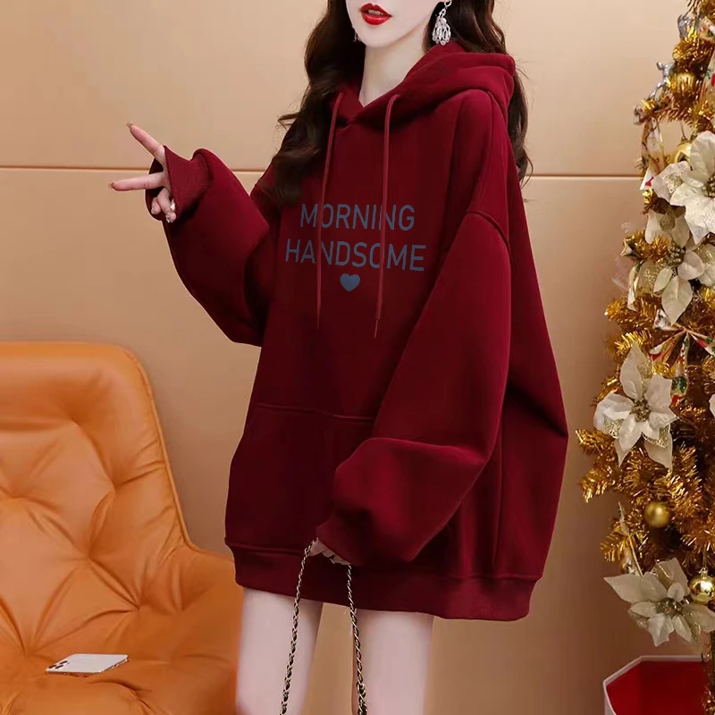 秋冬加绒连帽宽松卫衣女韩版新款简约百搭慵懒风大码中长款上衣