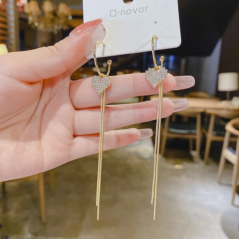 新款耳钉满钻爱心长款流苏耳环女气质网红百搭耳坠新品潮耳饰