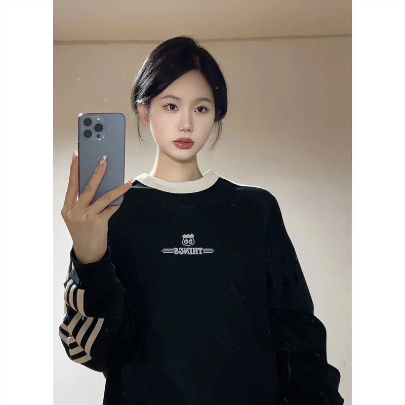 春秋冬款三杆圆领黑色卫衣女新款美式oversize慵懒风宽松加绒上衣