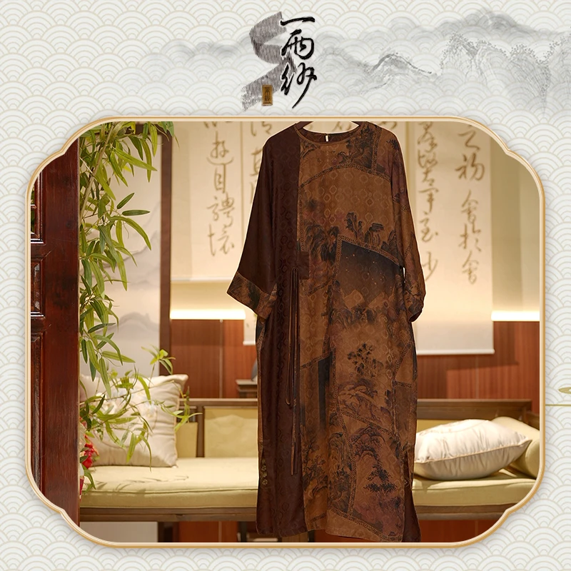 【游懿】238482Q-Y183桑蚕丝小木机花罗香云纱连衣裙长袍新中式45