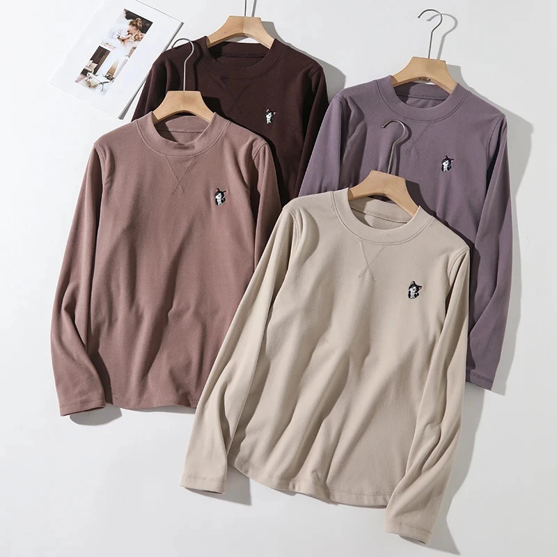 【悄然心动】保暖加厚舒适软糯减龄圆领小猫刺绣打底长袖发热T恤女