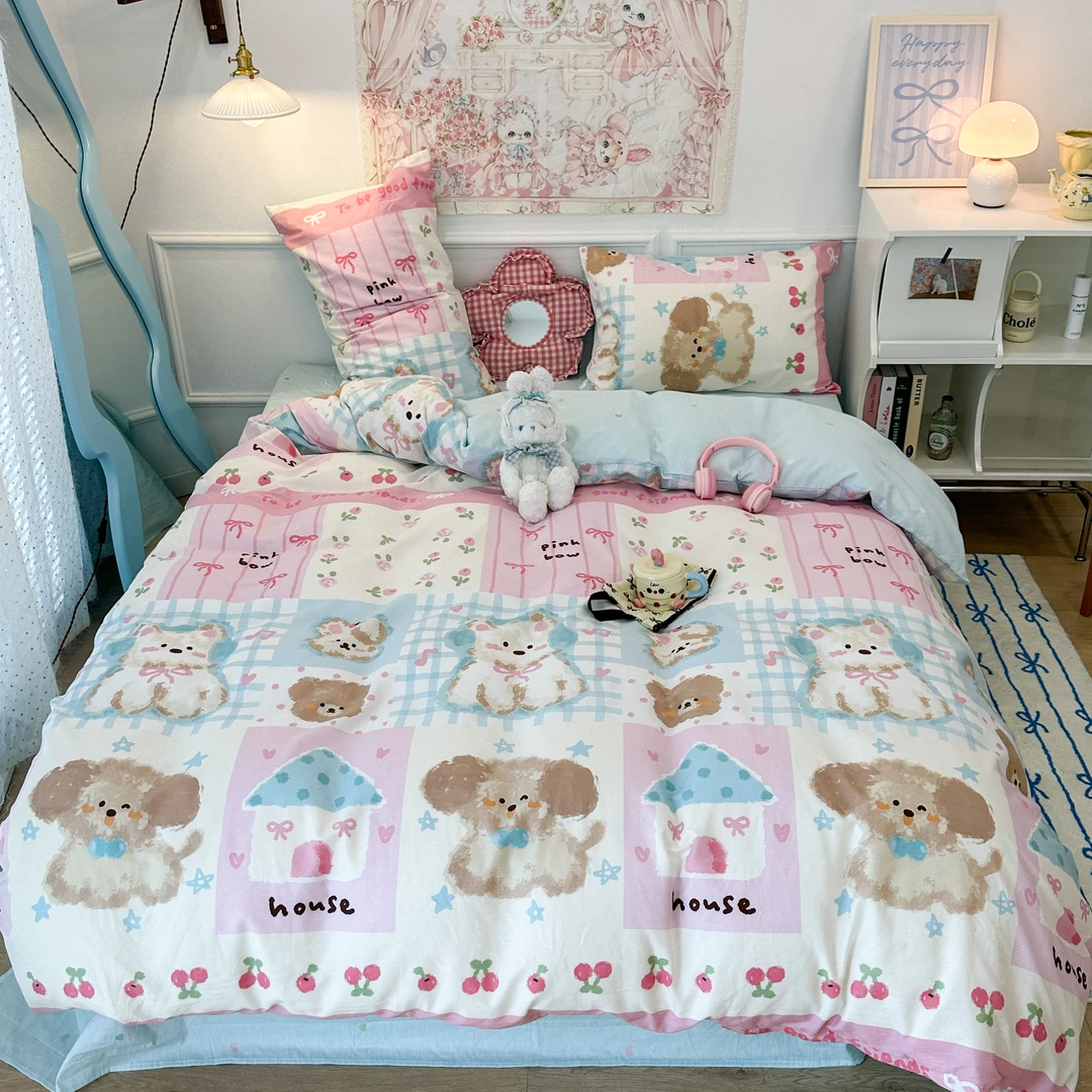 美玲 涂鸦油画狗 全棉印花三件套四件套小清新公主风可爱网红