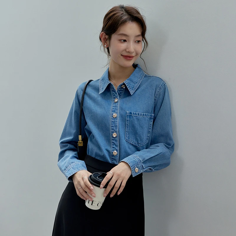 原水秋季蓝色Polo领长袖法式复古牛仔衬衫女T31900