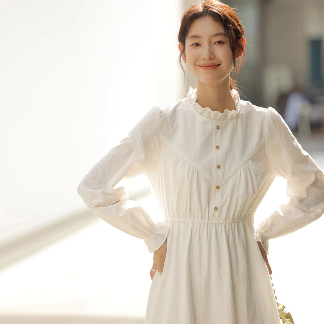 原水YesternCollar冬季减龄木耳边白色泡泡袖垂坠感连衣裙D34602
