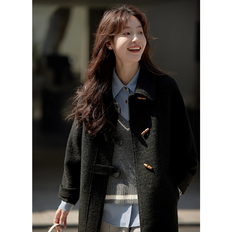 原水YesternCollar 冬季复古Polo领毛呢气质翻领牛角扣大衣C37072