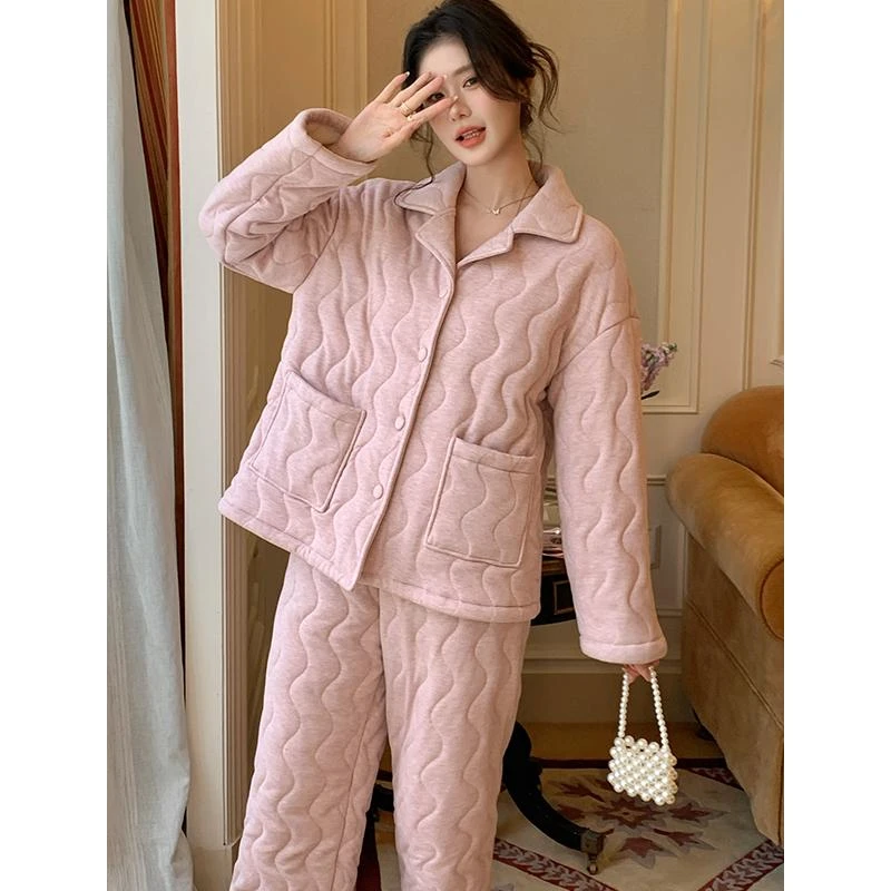 【浅音套装】2024新款冬天针织夹棉加厚棉袄女士家居服套装可外穿