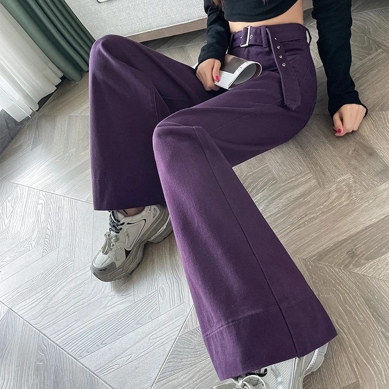 葡萄紫微喇牛仔裤女2025年夏季遮胯不贴腿大喇叭拖地长裤女士