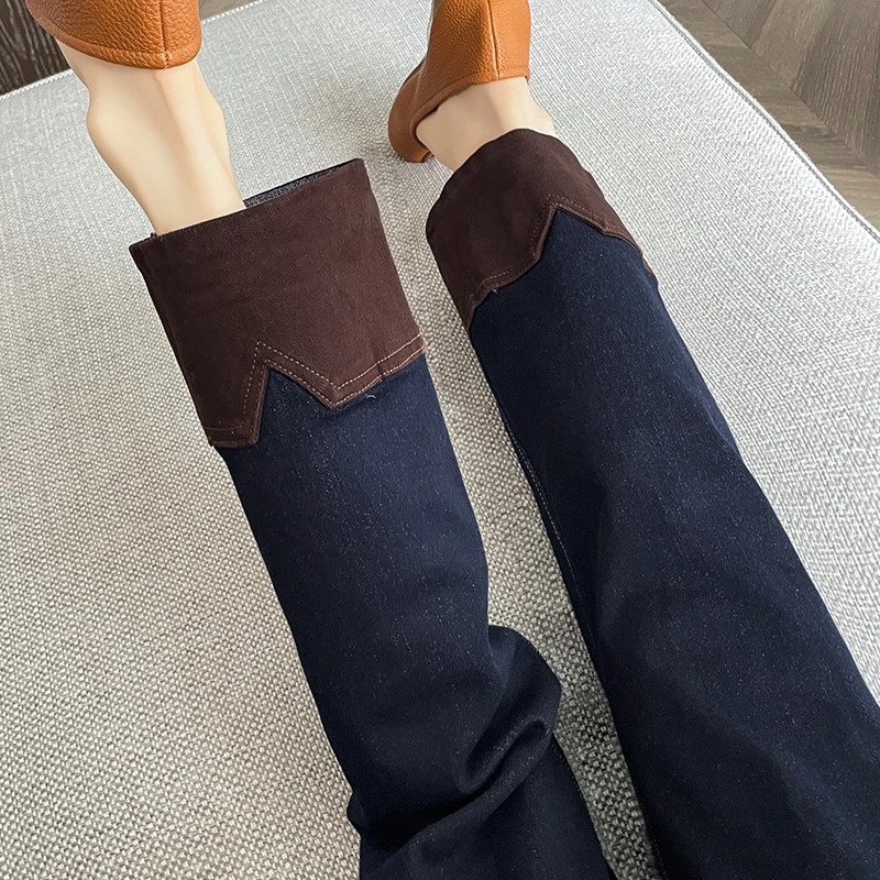 蜜蜜穿搭加绒加厚牛仔裤女2025冬季小个子直筒窄版丹宁色烟管裤子
