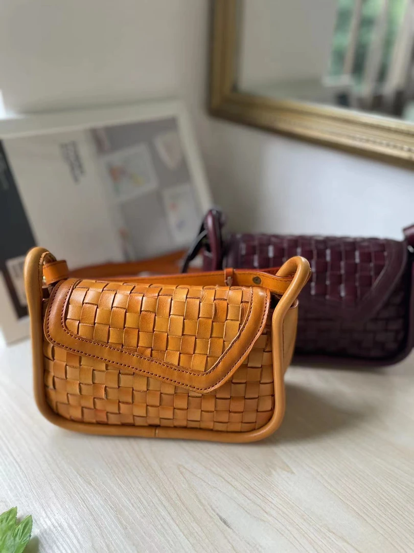 【清版】编织树膏皮时尚女士真皮牛皮单肩肩包休闲轻奢百搭复古经典