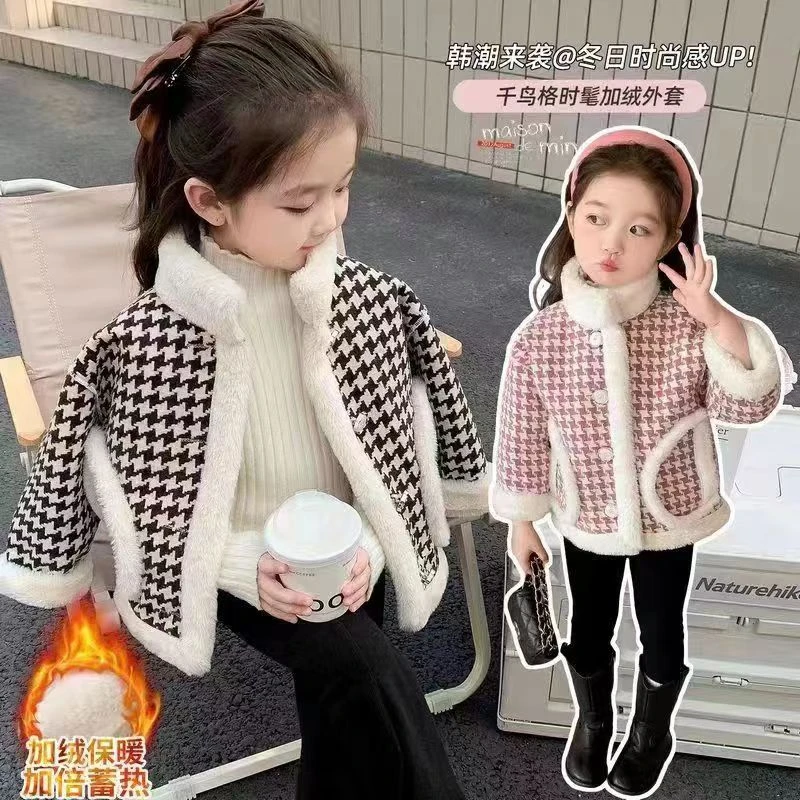 女童毛绒外套小香风千鸟格洋气宝宝冬季儿童小香风千鸟格上衣