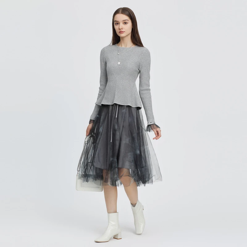 S·DEER圣迪奥女装时尚圆领印花网纱针织衫连衣裙套装S223Z1420