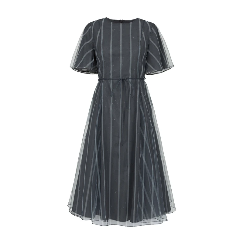 圣迪奥女时尚圆领条纹收腰显瘦气质长裙连衣裙 S23261205