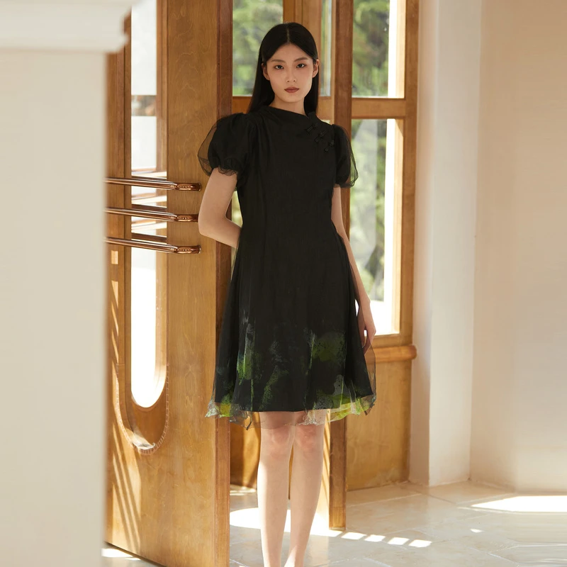 S·DEER女装夏季立领盘扣网纱改良新中式连衣裙S222Z124P