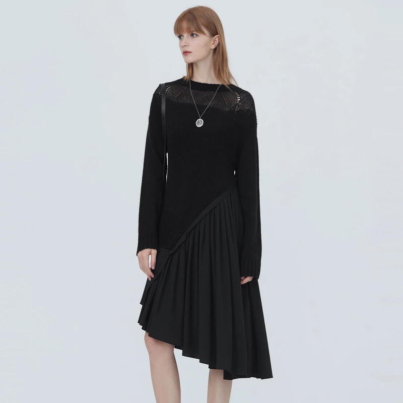 S·DEER时尚设计师款气质圆领个性拼接显瘦长袖针织衫女S20483512