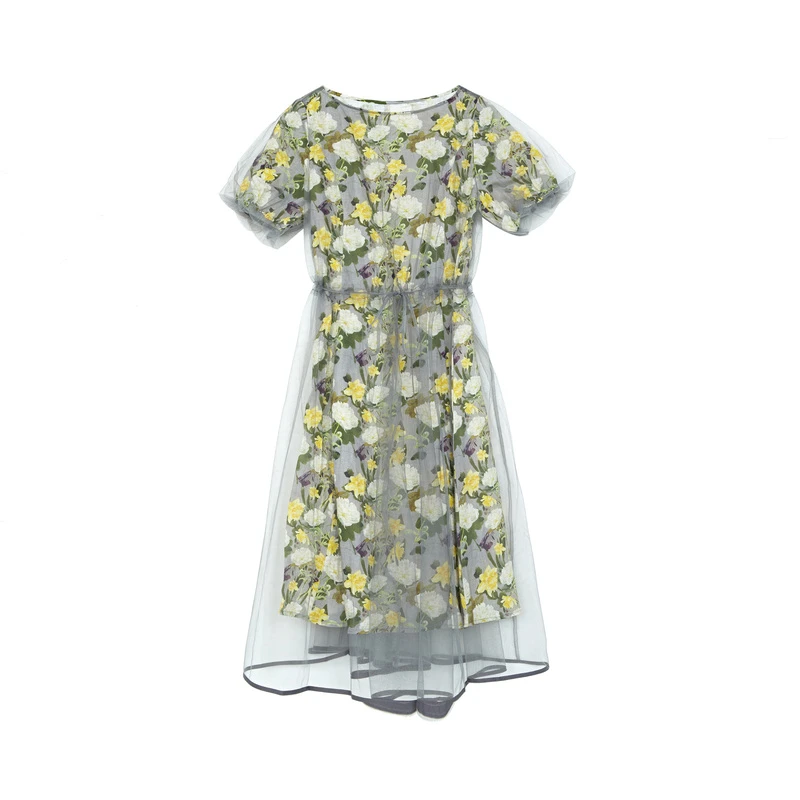 S·DEER圣迪奥女装时尚气质圆领甜美碎花收腰网纱连衣裙S222Z125D