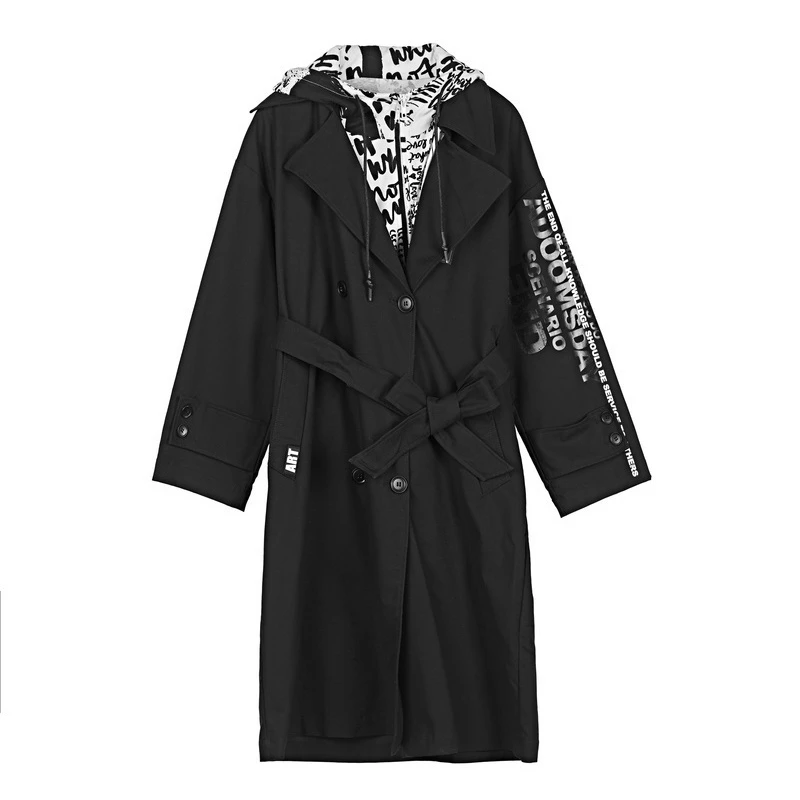 S·DEER休闲个性连帽字母印胶抽绳收腰设计感中长款风衣S19181822