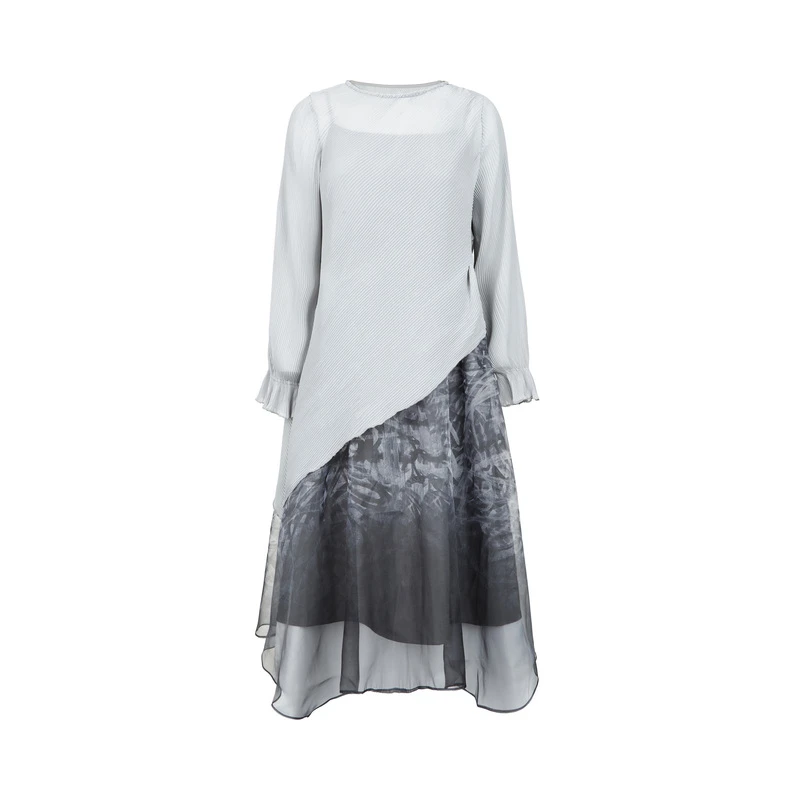 S·DEER圣迪奥夏季套装新品经典百搭拼接开叉连衣裙套装S223Z127G