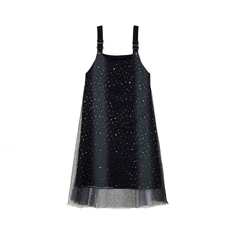 S·DEER圣迪奥时尚女装休闲减龄亮片网纱拼接背带连衣裙S222Z12W3