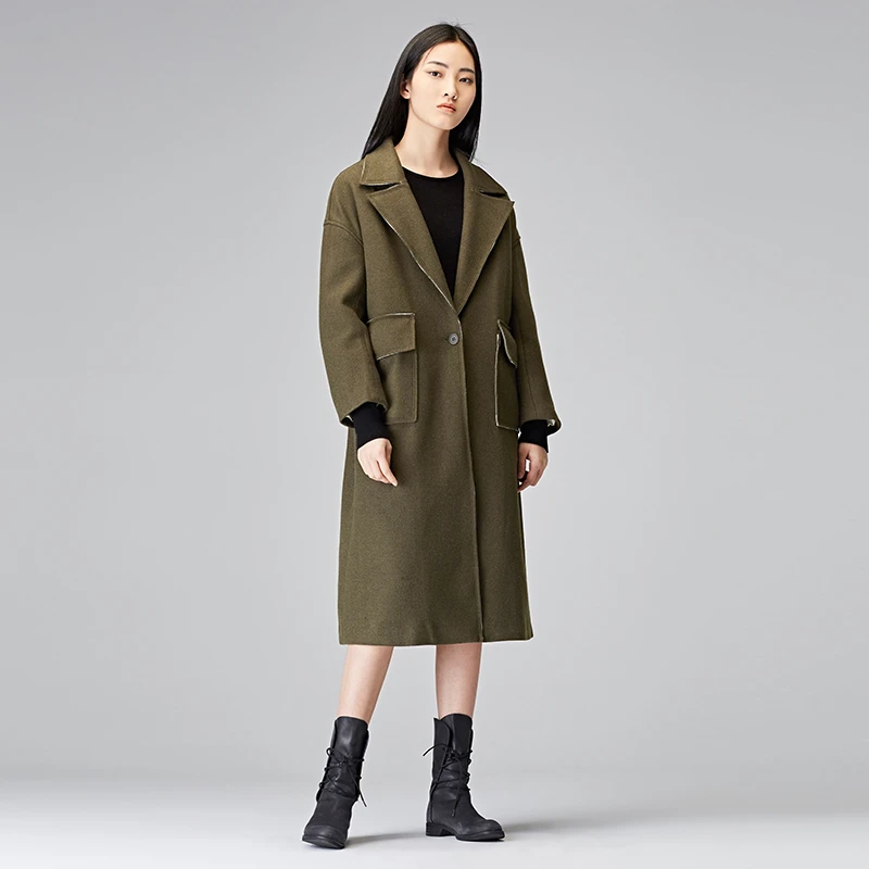 S·DEER圣迪奥气质冬休闲新品军绿中长款毛呢直筒大衣S17481863