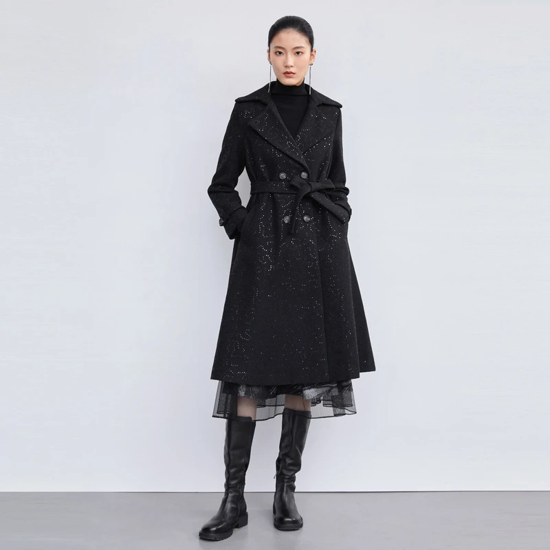 S·DEER圣迪奥女装冬季时尚轻奢休闲翻领收腰长款大衣S224Z2528