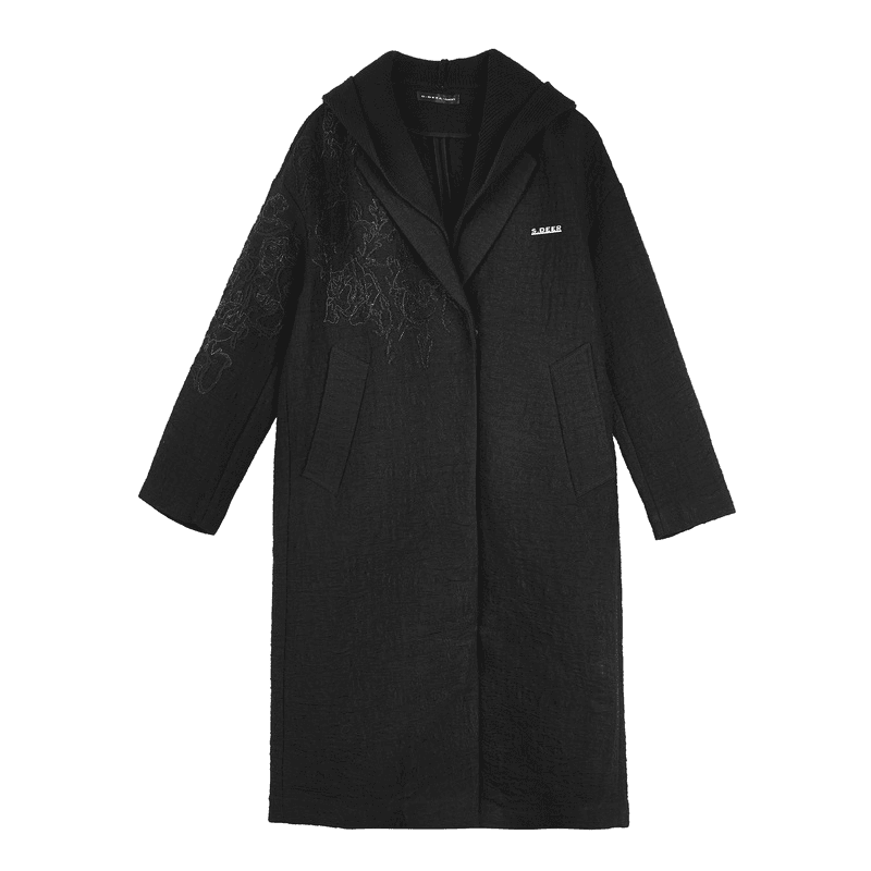 S·DEER刺绣可拆卸连帽圣迪奥精致黑色加厚毛呢女士大衣S18481831