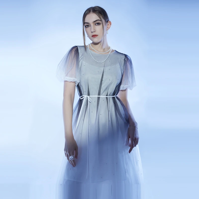 S·DEER圣迪奥春夏氛围感连衣裙优雅渐变泡泡袖公主裙S222Z12R5