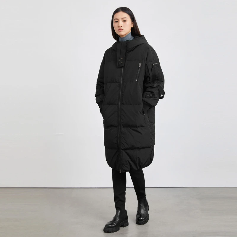 S·DEER圣迪奥休闲连帽拼接飘带保暖白鸭绒中长款羽绒服S214Z2401