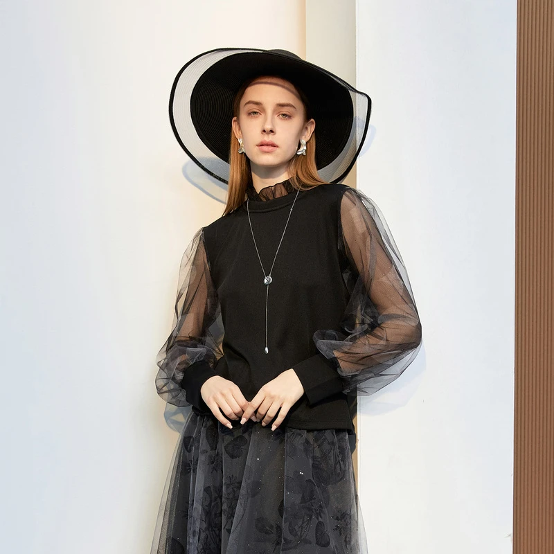 S·DEER圣迪奥新款时尚圆领蕾丝边百搭拼接长袖打底春T恤S231Z0216