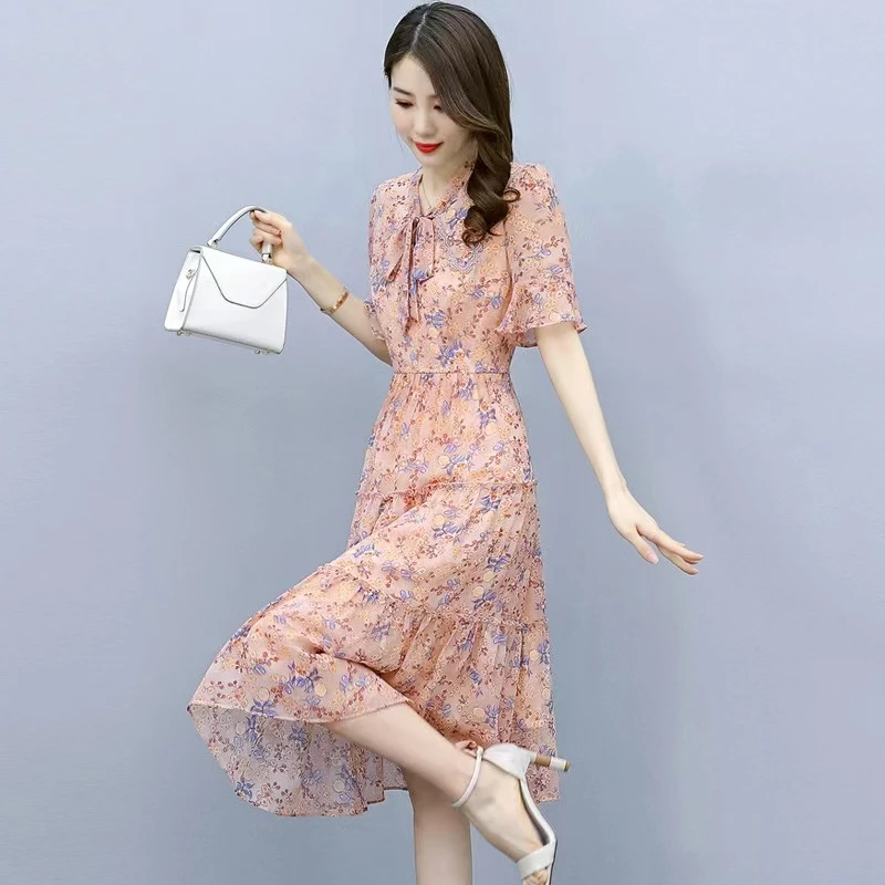 碎花雪纺连衣裙女夏2023年新款短袖时尚气质洋气减龄淑女裙子