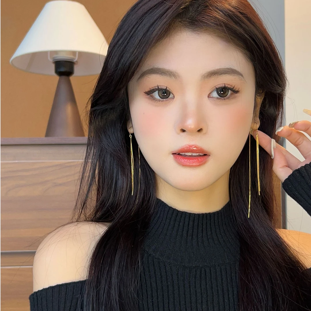 铜合金耳饰 韩版长款气质简约链条流水防丢耳线女个性百搭耳饰