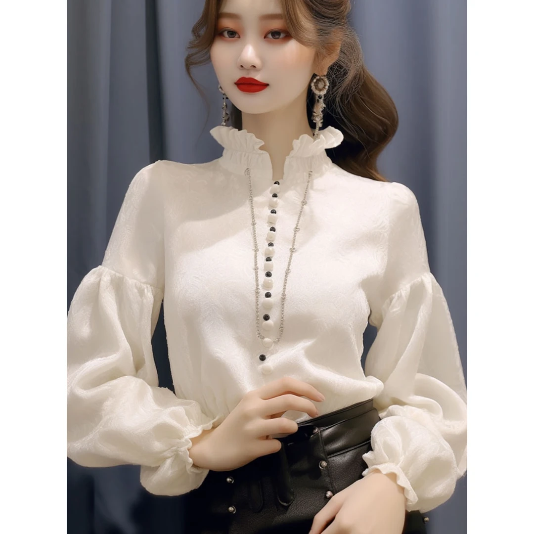 今年流行爆款白色木耳领长袖衬衫女秋冬内搭法式小香风雪纺打底衫