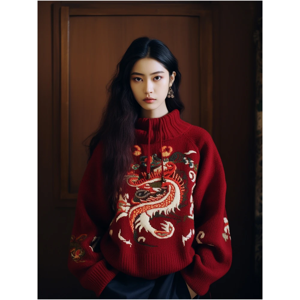 2024本命年龙年衣服设计感针织上衣红色圆领过年新年毛衣女秋冬季